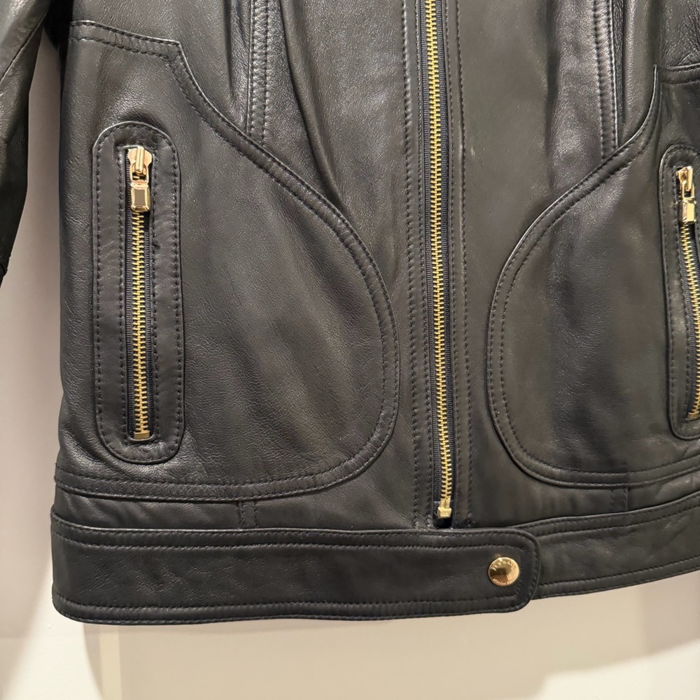 Laundry By Shelli Segal Black Leather Jacket with Gold Accents - Picture 3 of 7